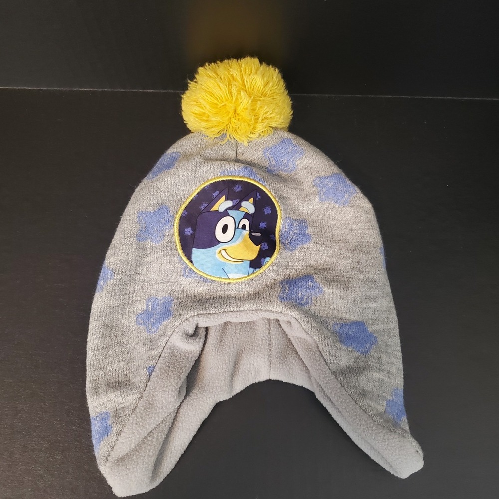 Toddler Size‎ BLUEY Knit Hat Fleece Lined With Ear Flaps, Yellow Pom OSFM